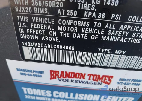 2020 Volkswagen Atlas 3.6L V6 Sel z USA, uszkodzony, nr VIN 1V2MR2CA0LC504668